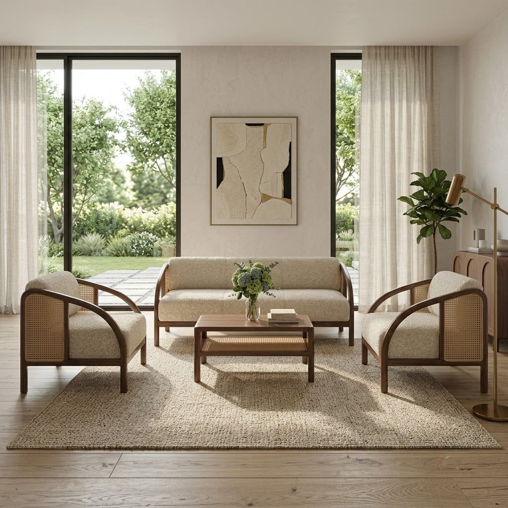 Green hard wood sofa set with 3 seater and two 1 seater sofas