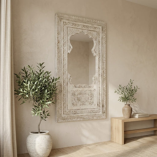 Hand-carved mango wood decorative mirror with white washed finish