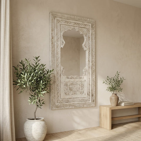 Hand-carved mango wood decorative mirror with white washed finish