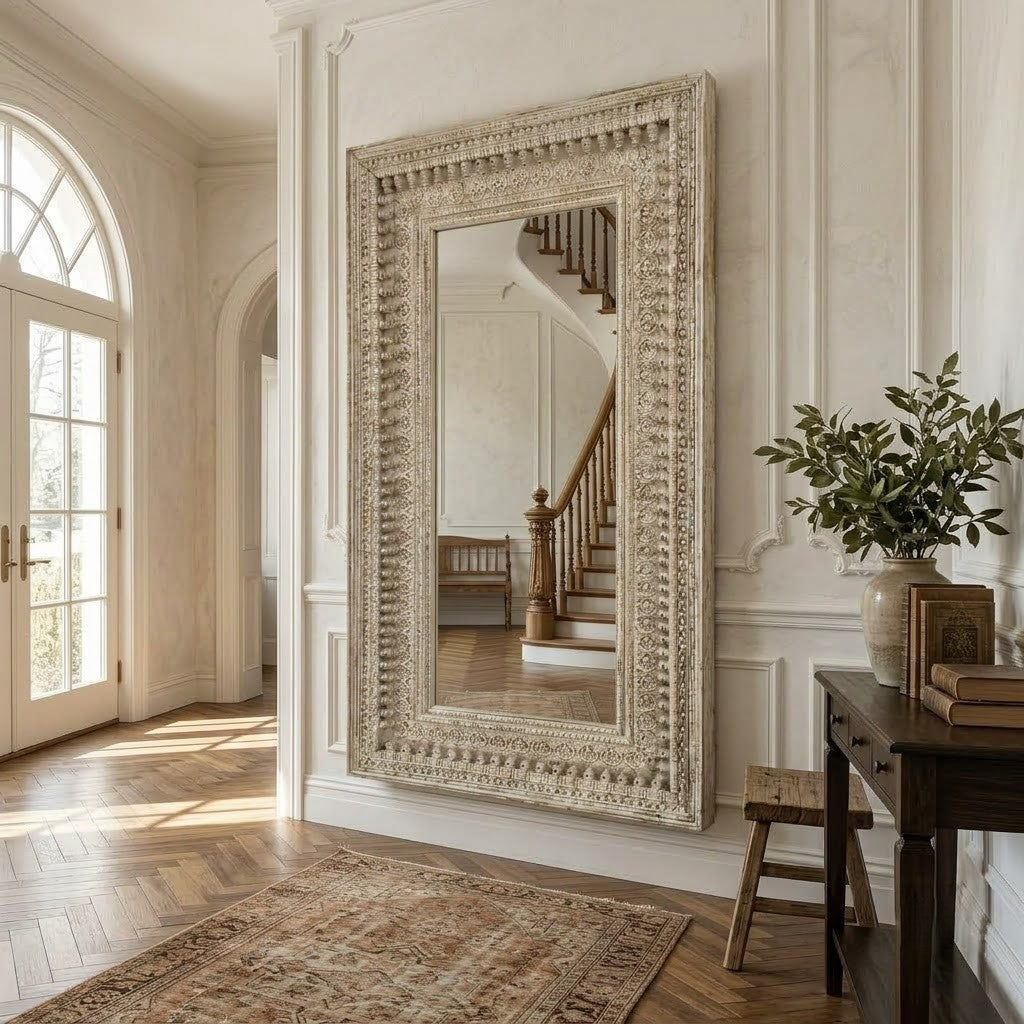 Hand-carved solid mango wood mirror with intricate artisan frame