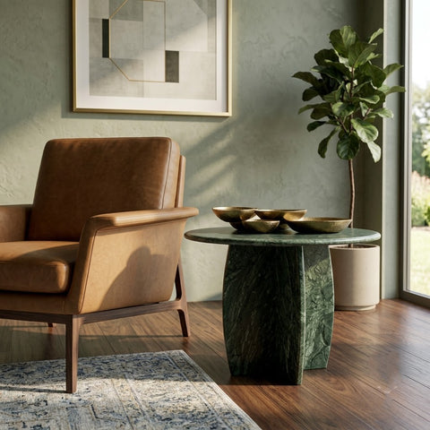 Handcrafted Green Marble Table | Modern Accent Table for Living Room