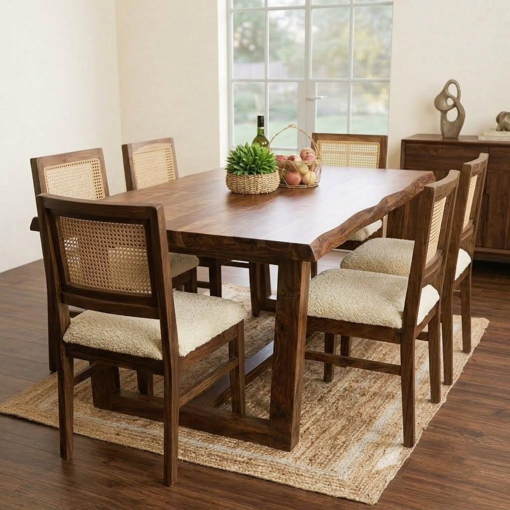 Handcrafted Live Edge Dining Table – Dark Walnut Sheesham Wood with Cane Weave Seating