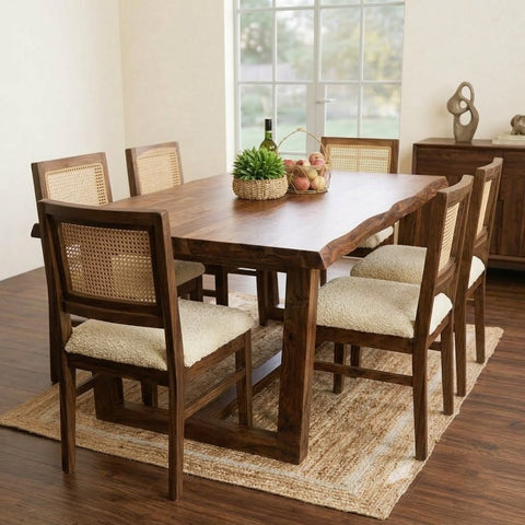 Handcrafted Live Edge Dining Table – Dark Walnut Sheesham Wood with Cane Weave Seating