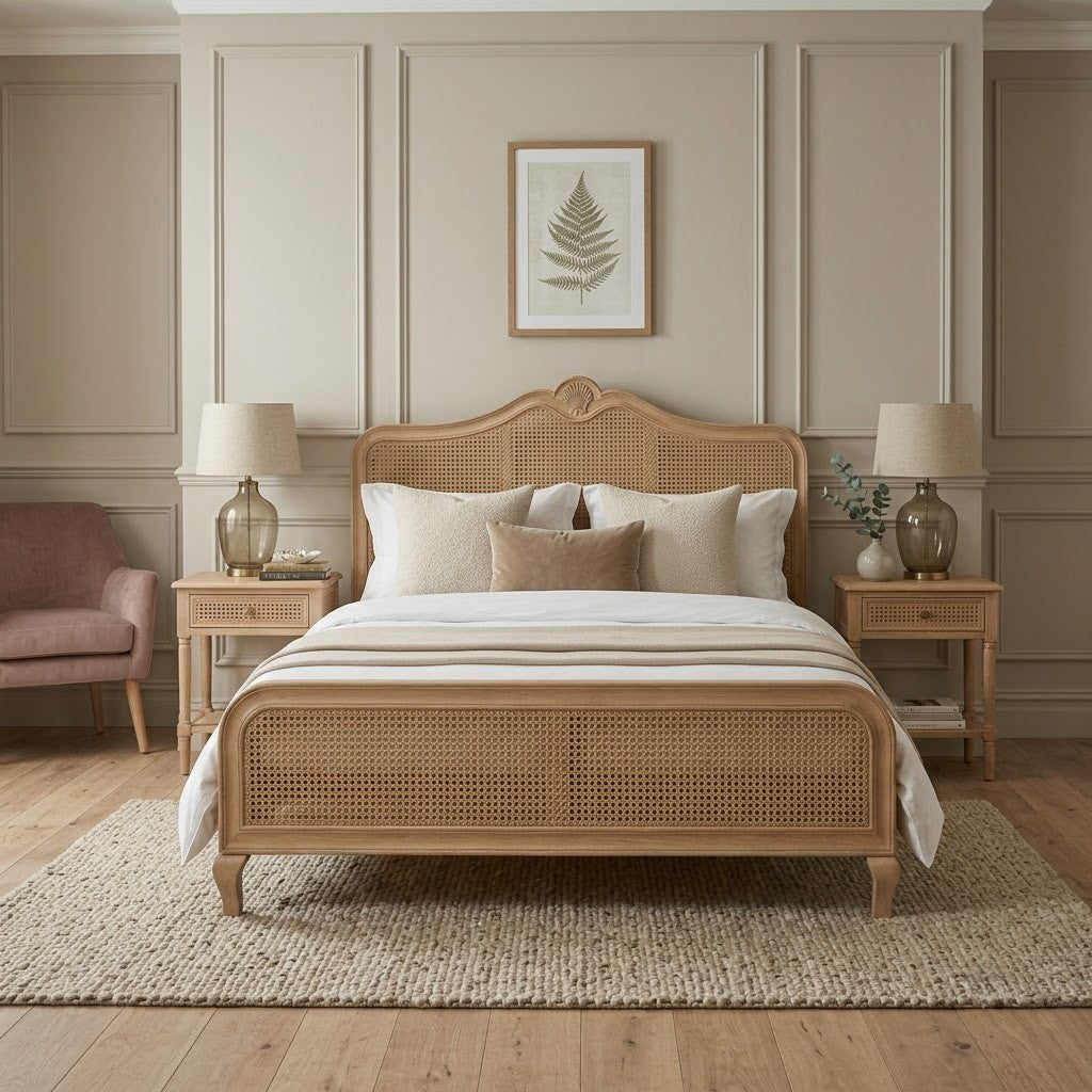 Handcrafted Mango Wood bed with woven rattan cane detailing