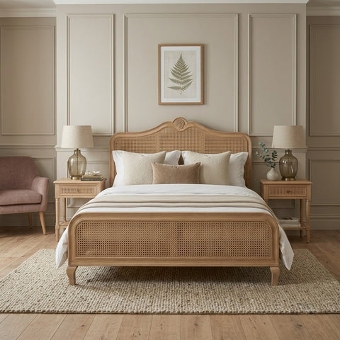Handcrafted Mango Wood bed with woven rattan cane detailing