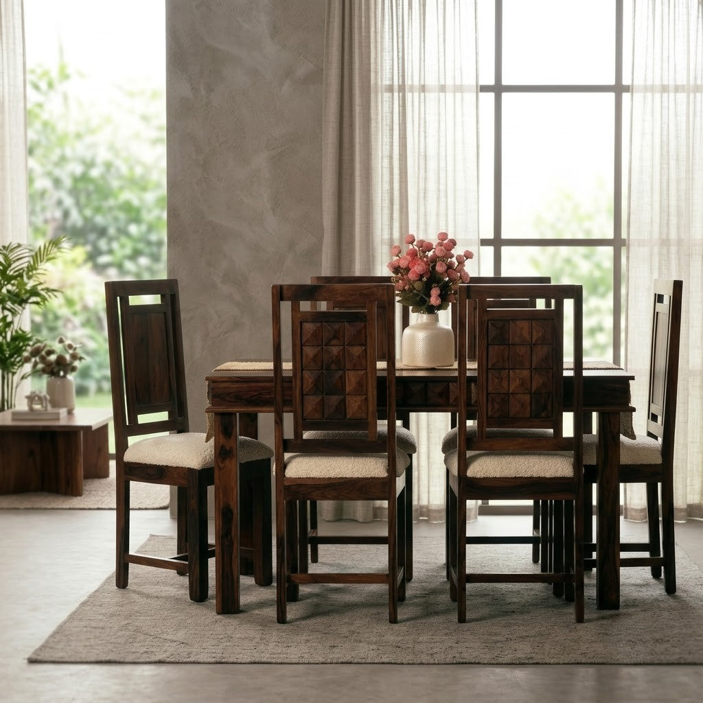 Handcrafted Sheesham Wood Dining Table Set – Dark Walnut Finish, 4/6 Seater