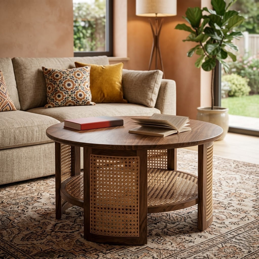 Handcrafted Sheesham Wood coffee table with cane detailing