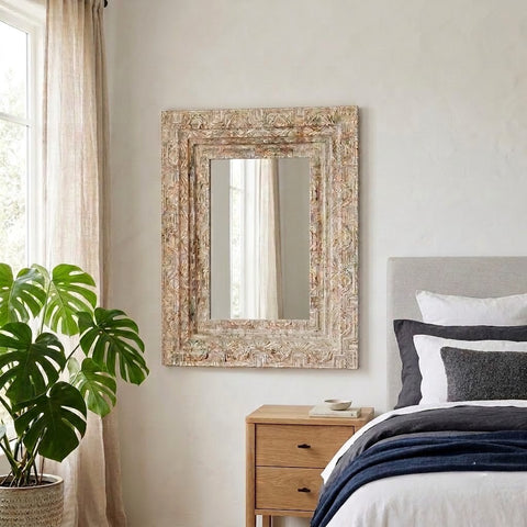 Handcrafted mango wood rectangular mirror for bohemian bedroom