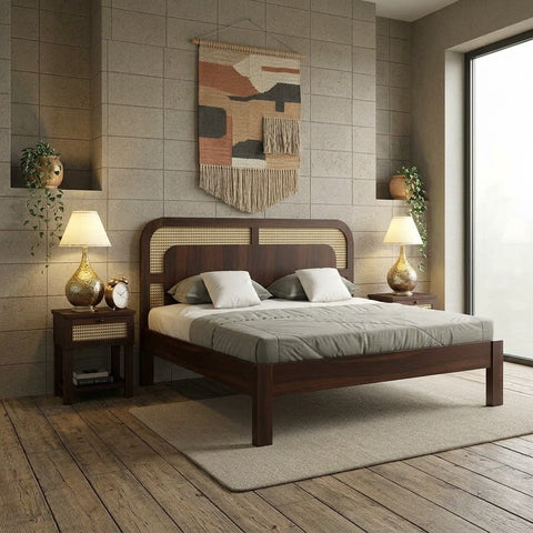 Handcrafted rattan bed with natural cane headboard for bedroom