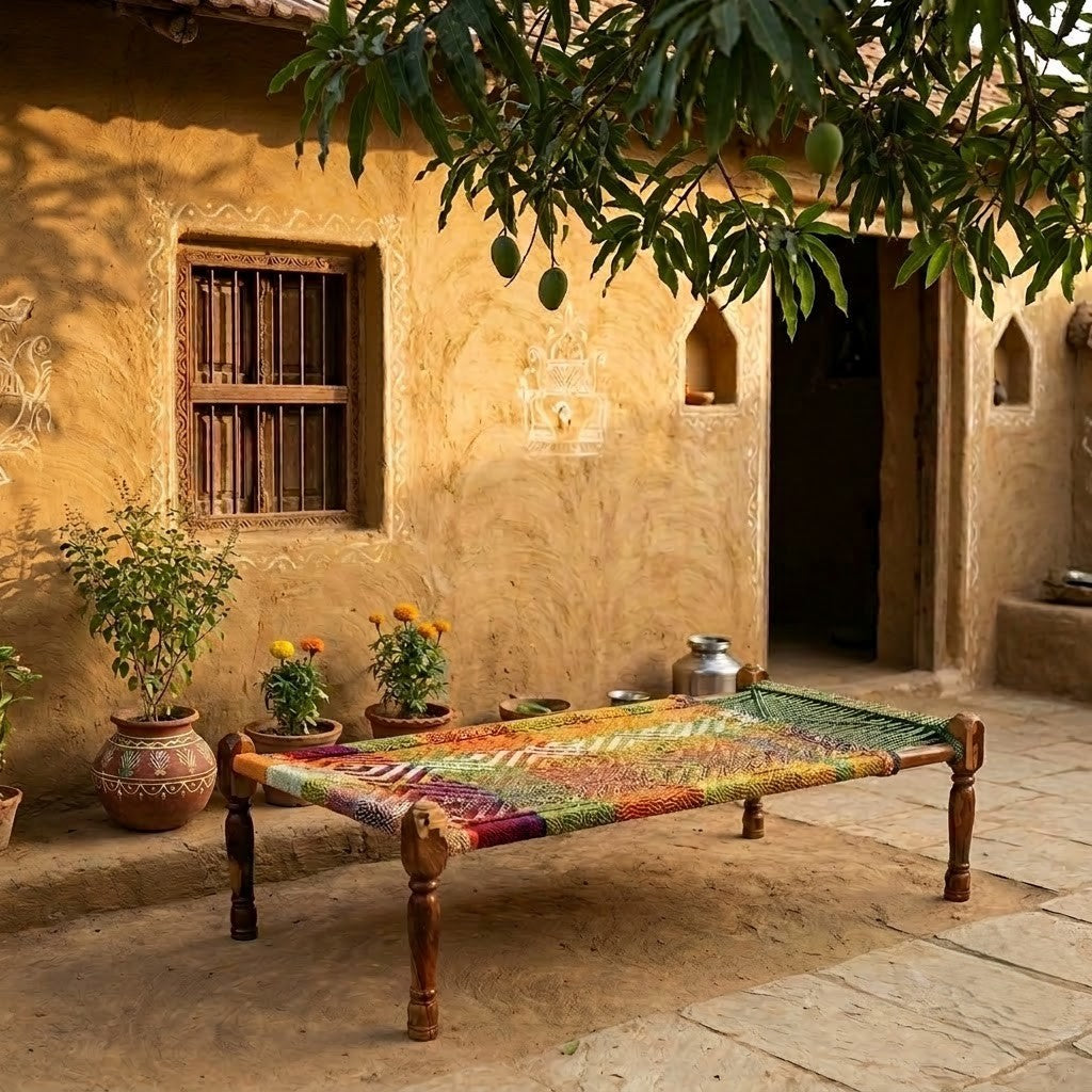 Handcrafted sheesham wood rope cot with multicolour woven design