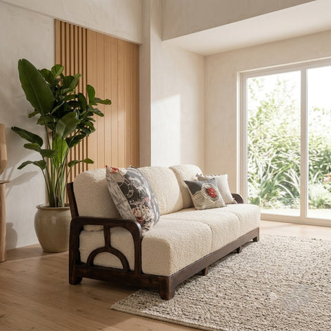Handcrafted solid Acacia wood sofa with cream boucle fabric for living room