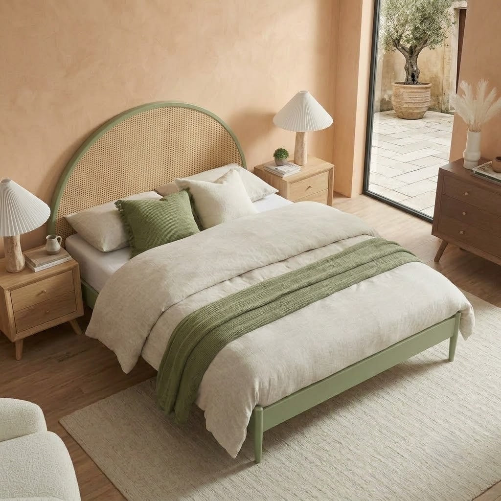 Handcrafted wooden bed with woven rattan curved headboard