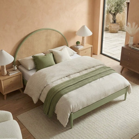 Handcrafted wooden bed with woven rattan curved headboard