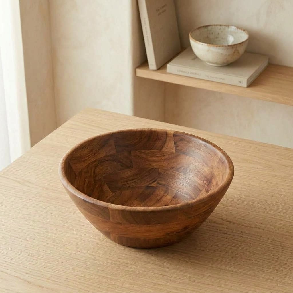 Handcrafted wooden bowl made from natural acacia wood