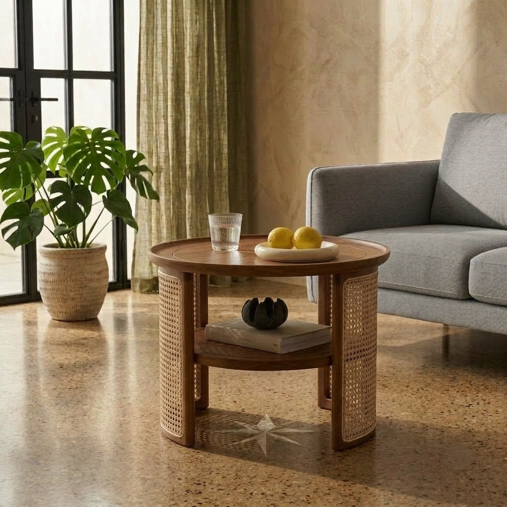 Handcrafted wooden center table with cane shelf for modern interiors