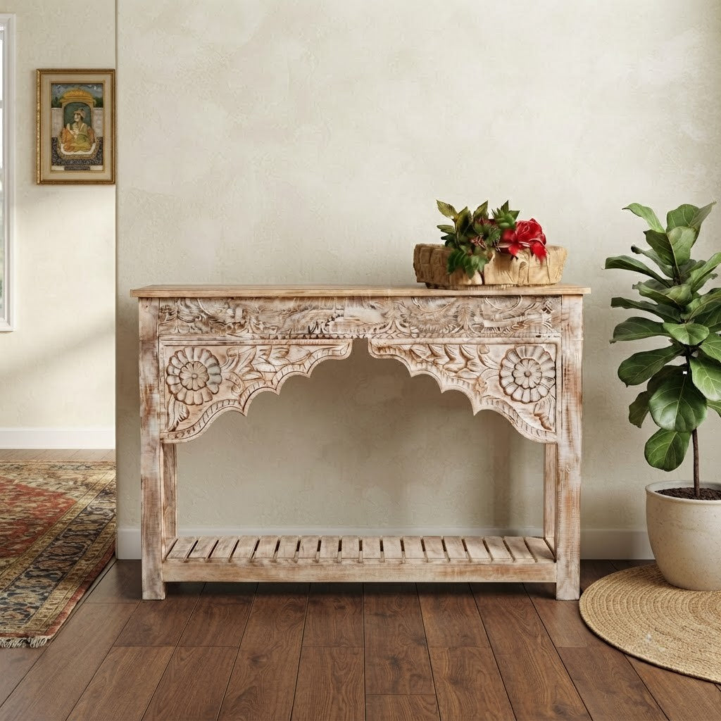 Handcrafted wooden entryway table with intricate traditional carving