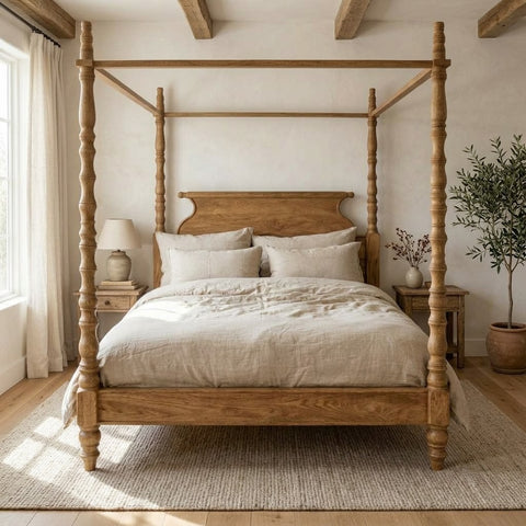 Handcrafted wooden four-poster bed with Mediterranean-inspired style