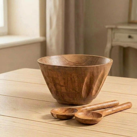 Handmade wooden bowl with rich natural acacia wood grain