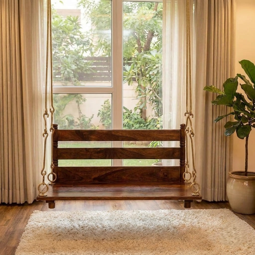 Honey finish Indian Rosewood swing with slatted wooden backrest