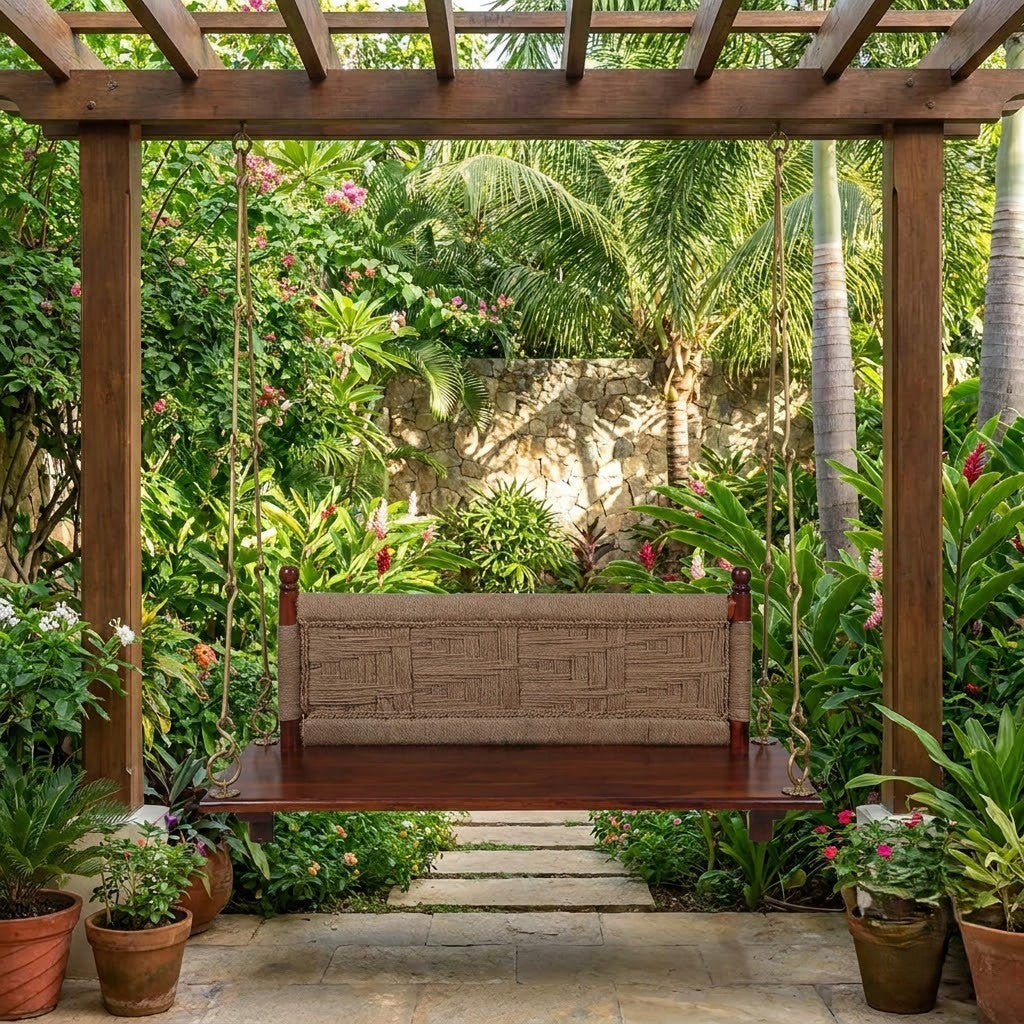 Honey finish Indian Rosewood swing with woven backrest for home