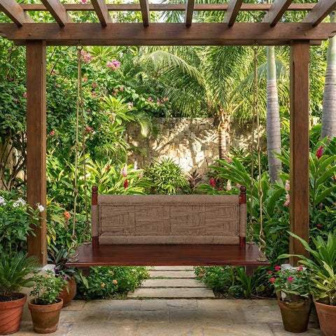 Honey finish Indian Rosewood swing with woven backrest for home