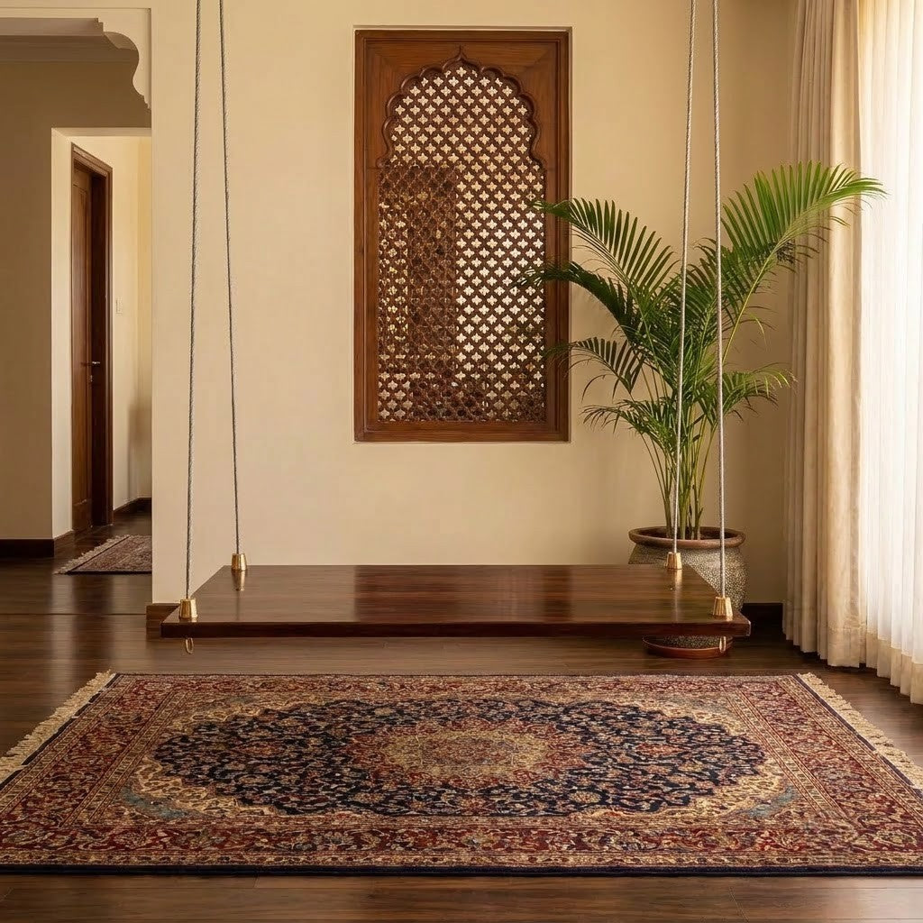 Honey finish wooden Jhula for home relaxation and seating