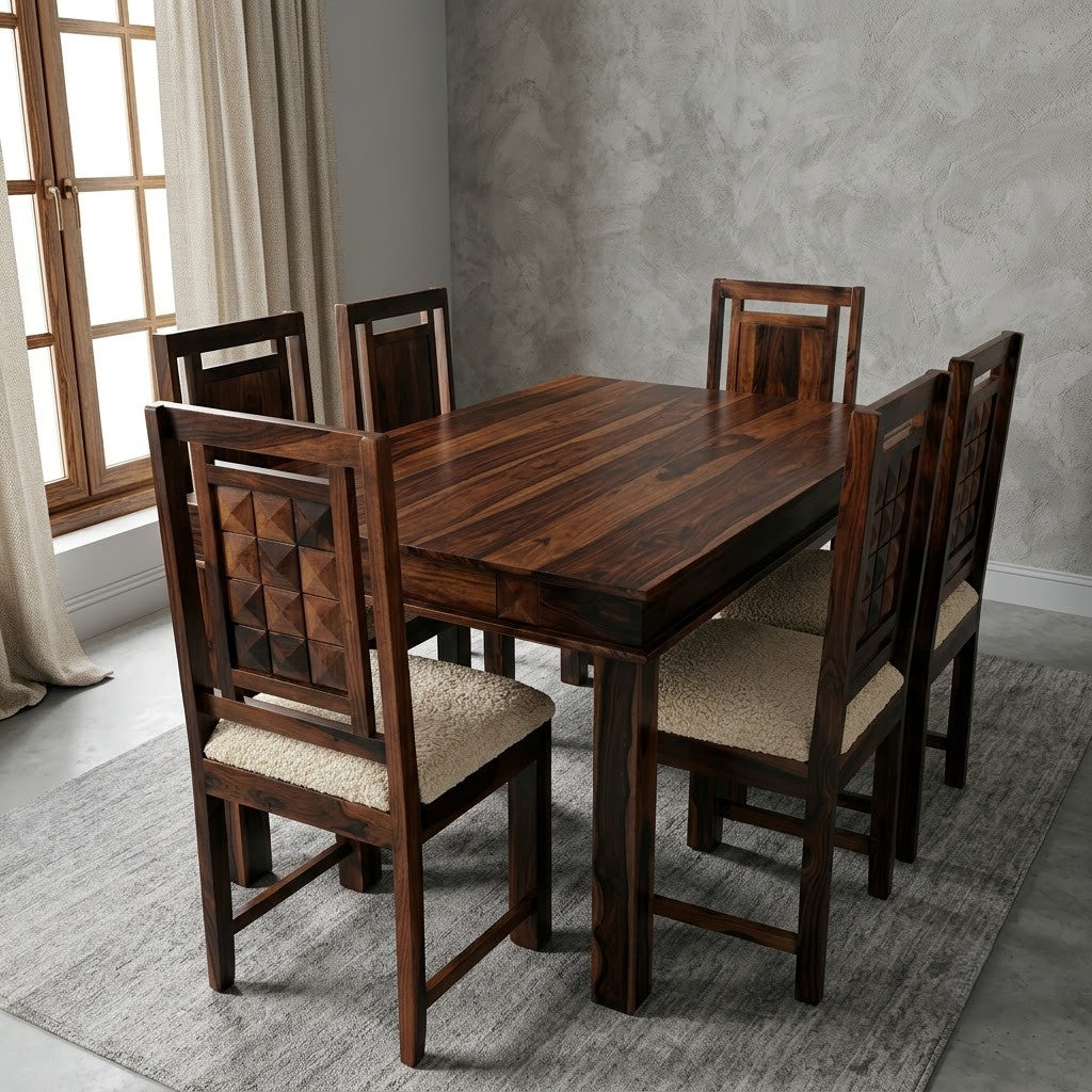 Indian Handcrafted Dining Set in Sheesham Wood – Crème Boucle Fabric Chairs