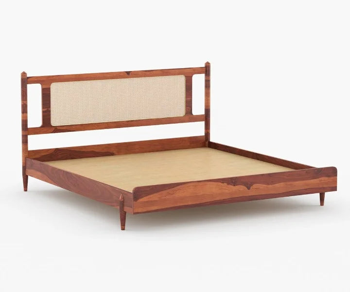 PRITI Wooden Cane King-Queen Size Bed Without Storage