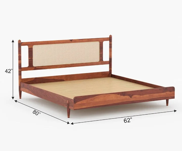 PRITI Wooden Cane King-Queen Size Bed Without Storage