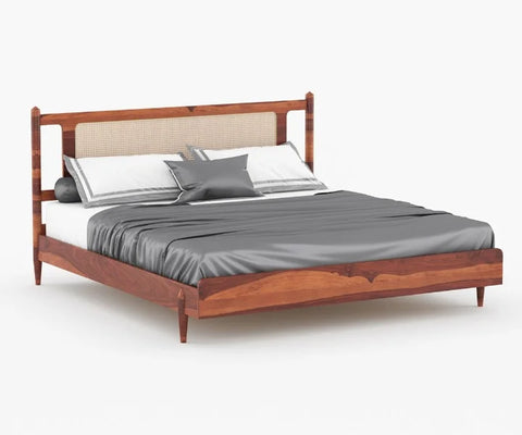 PRITI Wooden Cane King-Queen Size Bed Without Storage