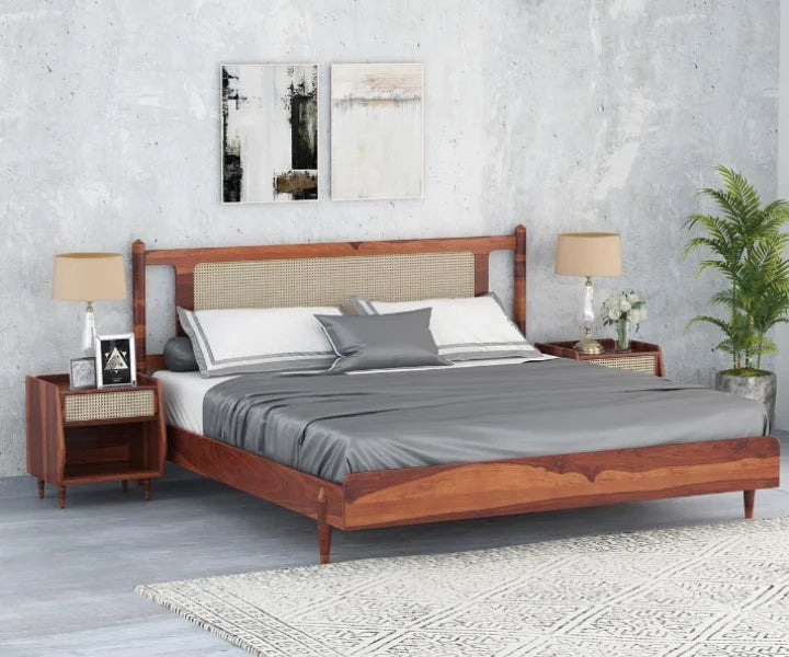 PRITI Wooden Cane King-Queen Size Bed Without Storage
