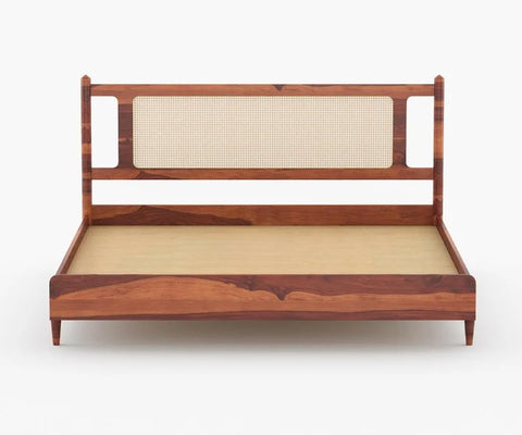 PRITI Wooden Cane King-Queen Size Bed Without Storage