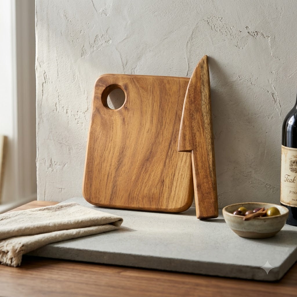 Kids Wooden Cutting Board & Knife Set | Acacia Wood Cooking Set