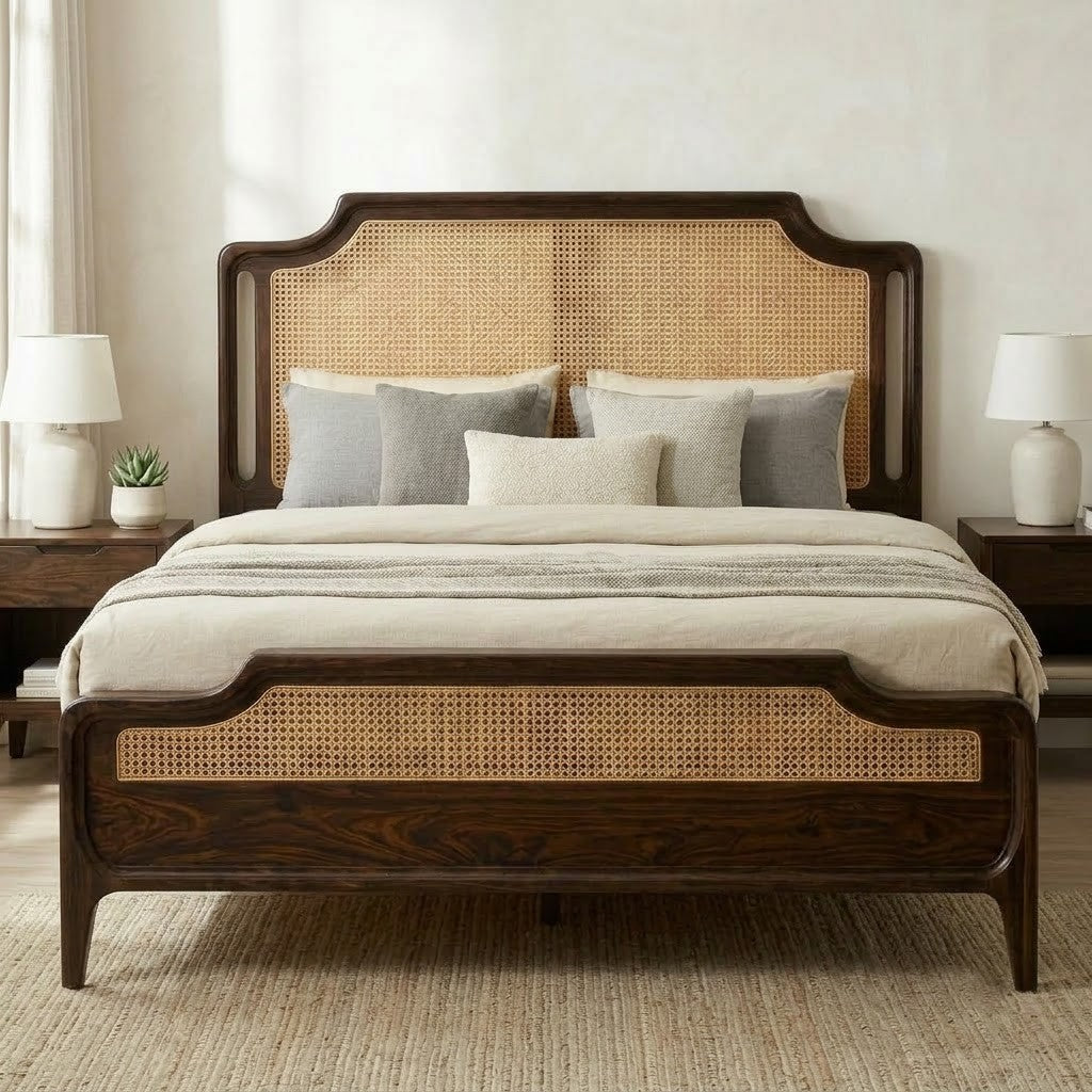 King Size Wooden Bed with Cane Work Headboard | PRITI Furniture
