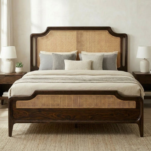 King Size Wooden Bed with Cane Work Headboard | PRITI Furniture