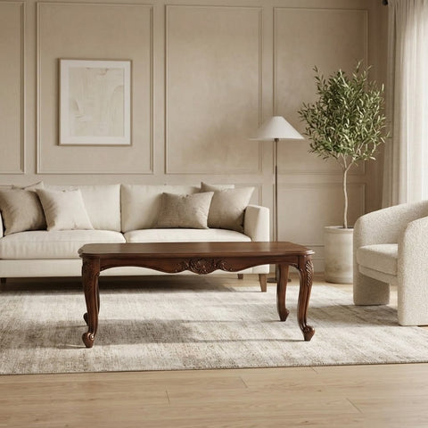 Lacquered wooden coffee table with treated solid wood legs