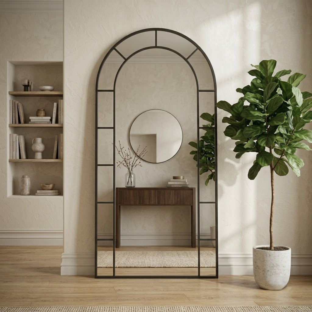 Large black metal wall mirror for modern living room
