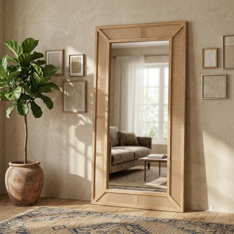 Large cane frame wall mirror for living room