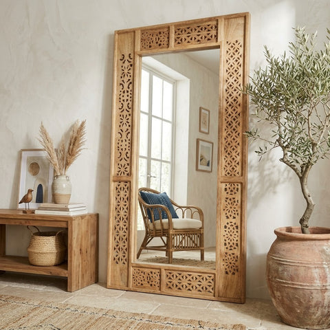 Large carved wooden mirror for stylish home interiors