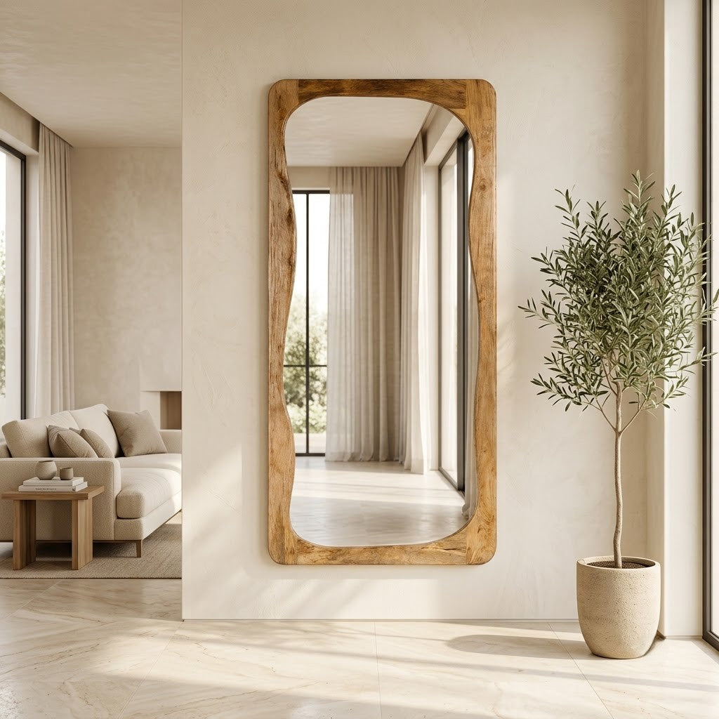 Large natural mango wood full length mirror with curved frame