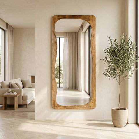 Large natural mango wood full length mirror with curved frame