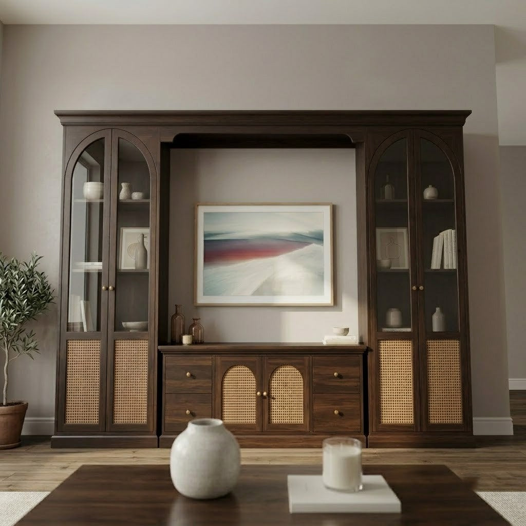Large wooden TV cabinet with display shelves and storage