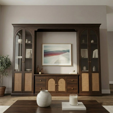 Large wooden TV cabinet with display shelves and storage