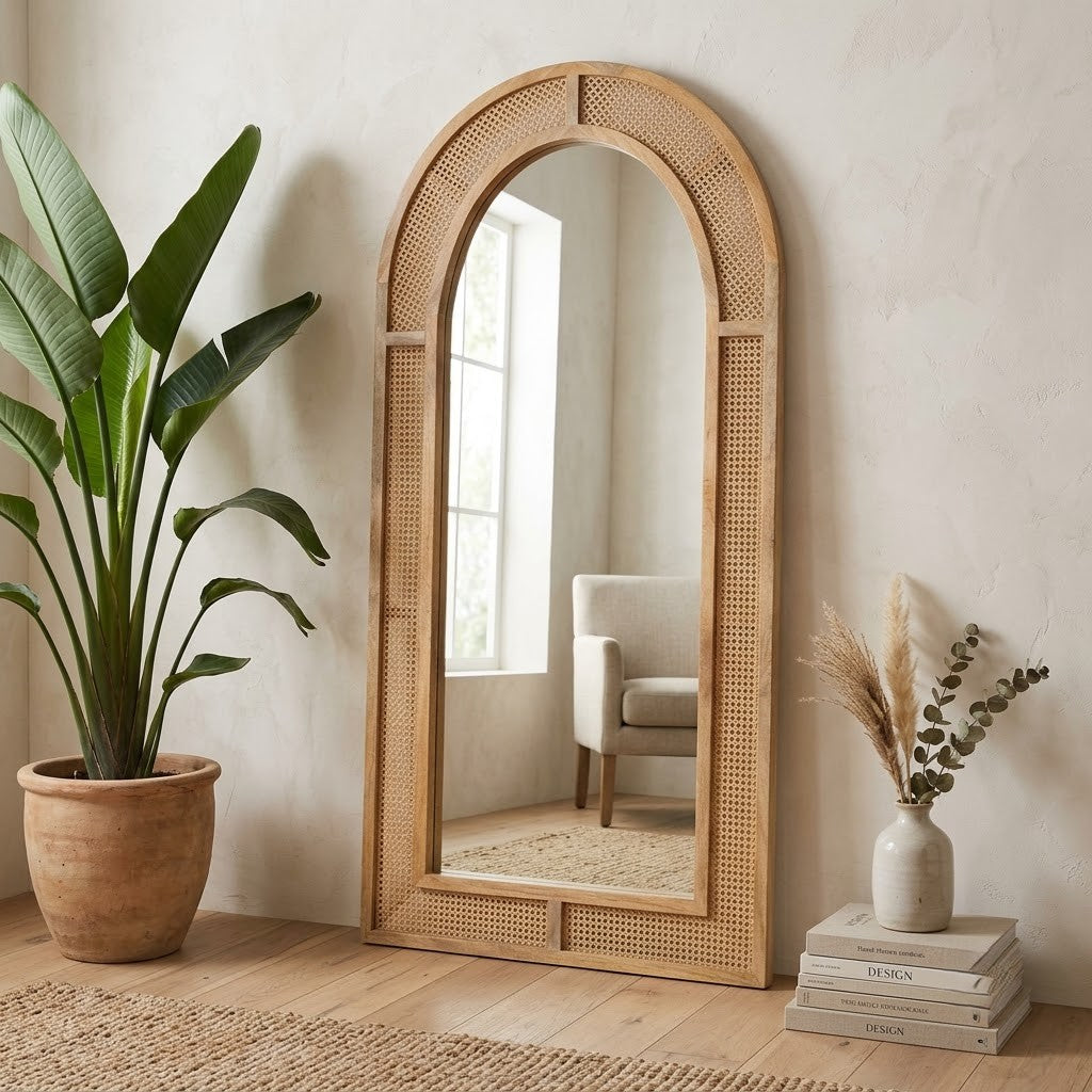 Large wooden rattan wall mirror for entryway