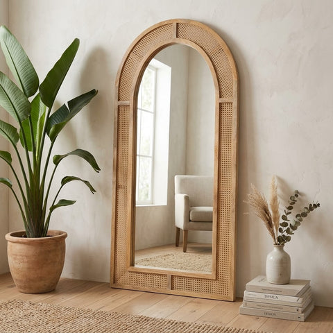 Large wooden rattan wall mirror for entryway