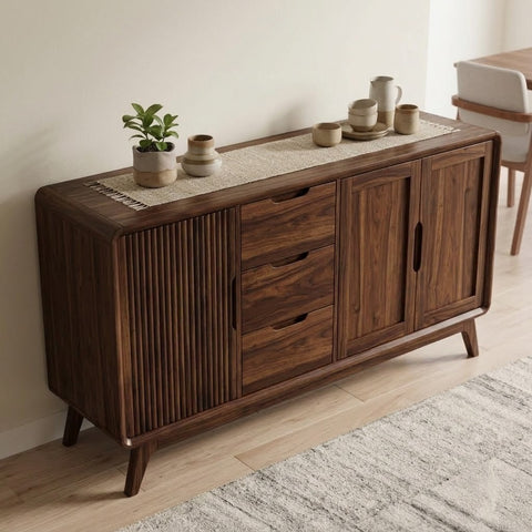 Living room sideboard styled with ceramics and plant decor