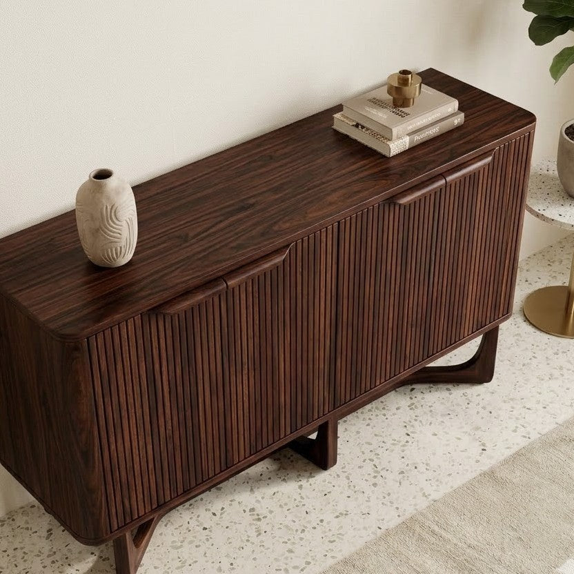 Living room wooden cabinet with open storage drawers