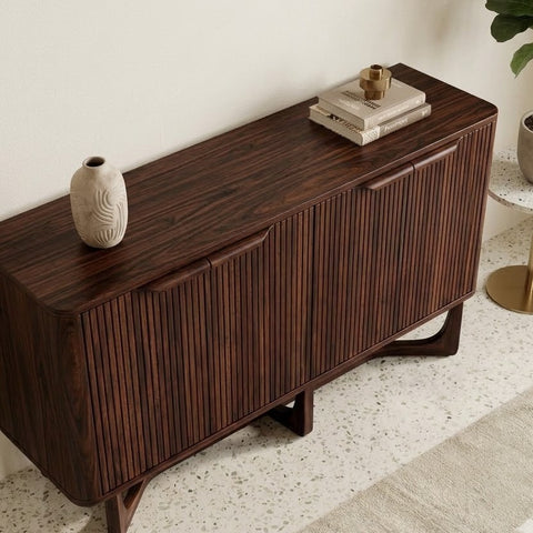 Living room wooden cabinet with open storage drawers