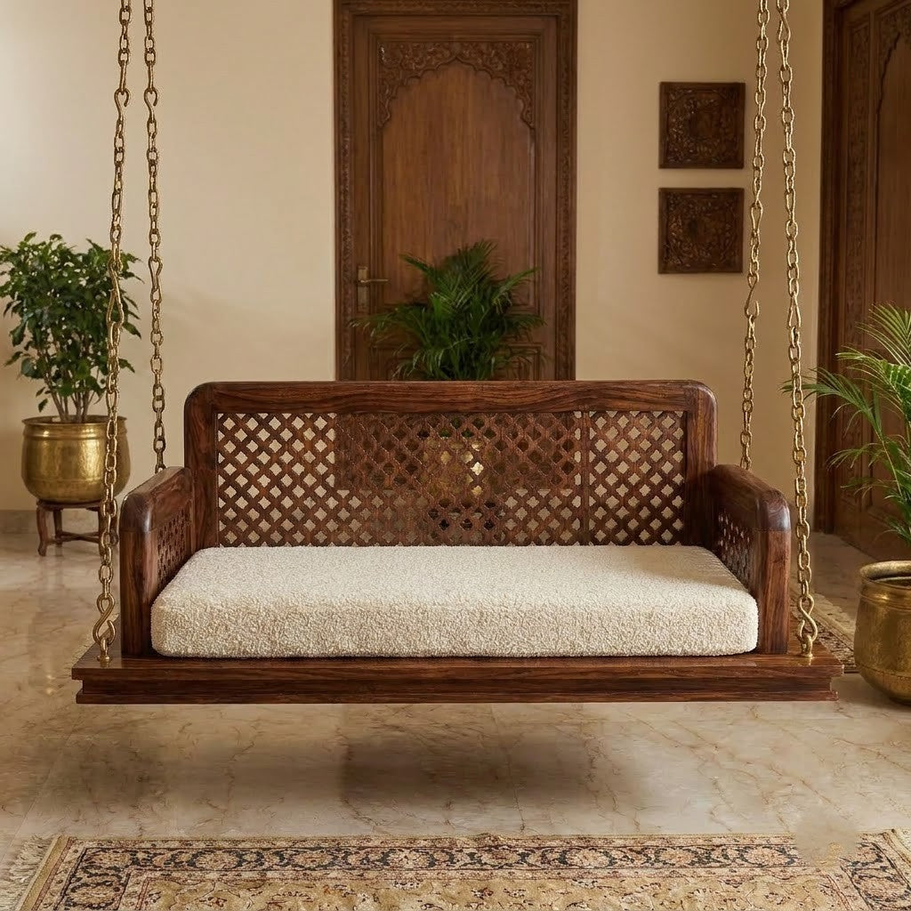 Luxury 2 seater swing for living room with crème boucle cushion