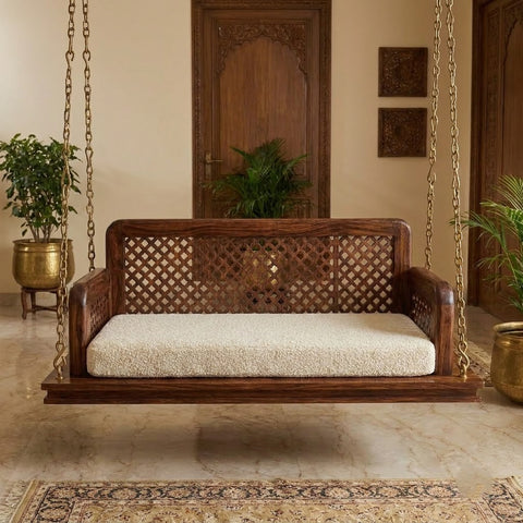 Luxury 2 seater swing for living room with crème boucle cushion